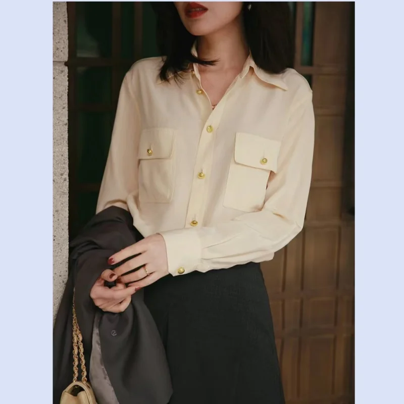 

18MM Mulberry Silk Texture C Lin Style Designer Metal Buckle Silk Shirt, Smooth and Skin friendly Elegant Shirt