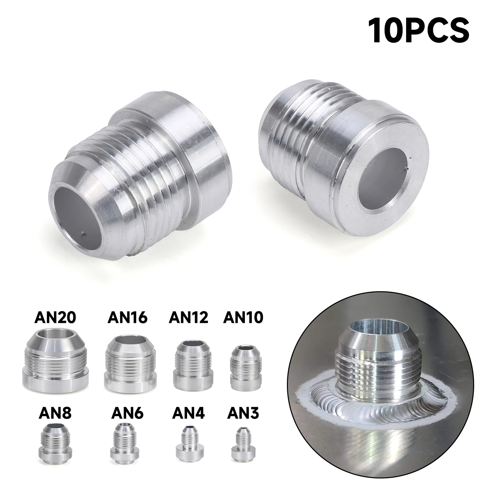 10PCS Silver Aluminum Nitrous Hose Fitting AN6 AN8 AN10 AN12 AN16 AN20 Male Billet Straight Weld Adapter Bung Connector For Van