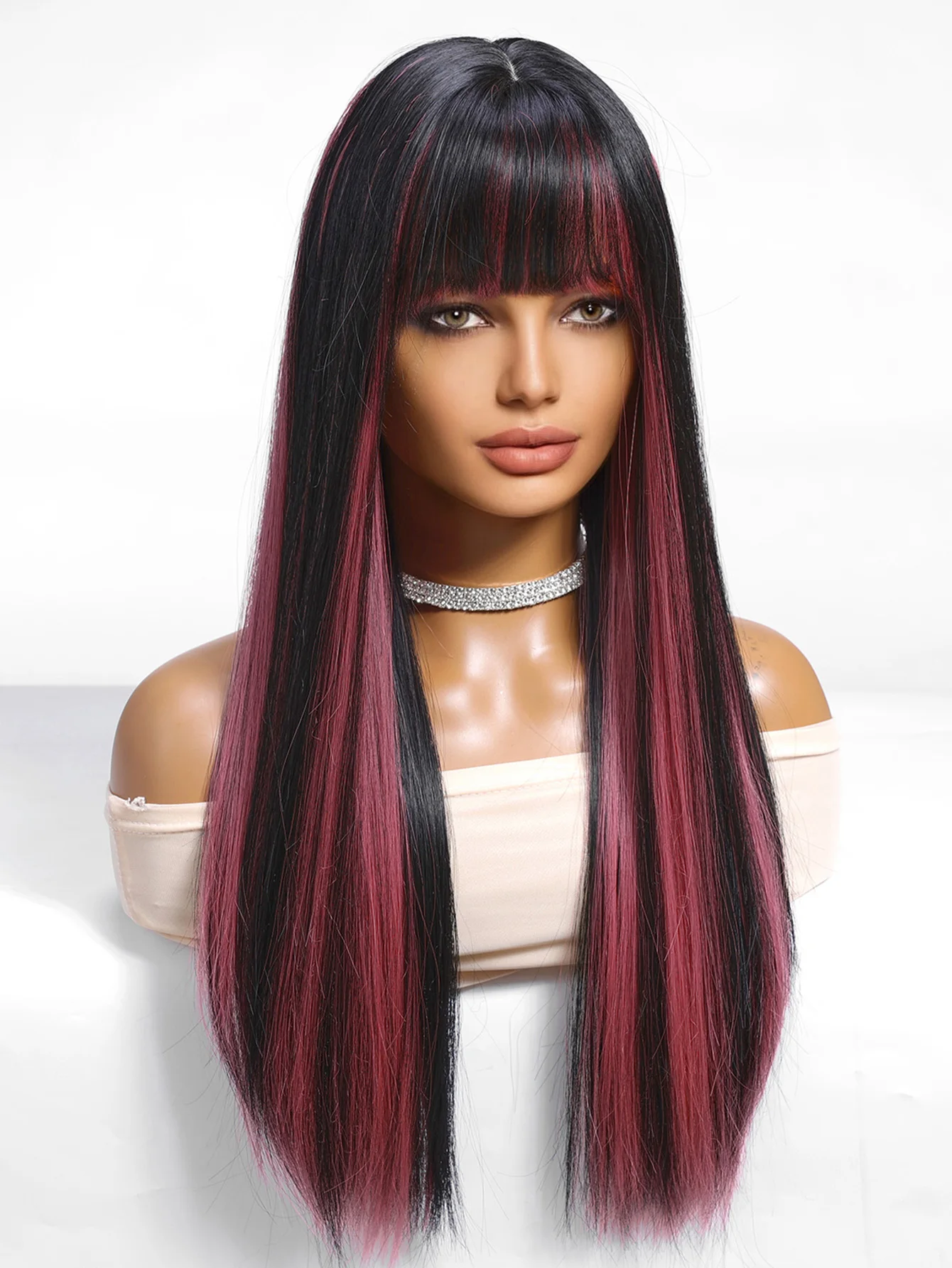 Schwarze Highlight-Rosa-Synthetik-Perücke mit Pony, lange gerade schwarze Highlight-rote Perücke für Frauen, Cosplay, Party, Weihnachten, 66 cm – Detail 5