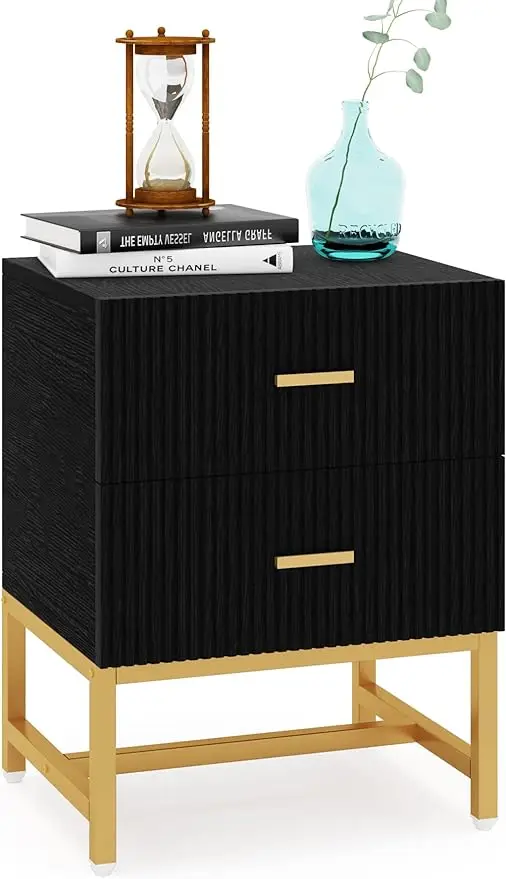 

Modern Nightstand with 2 Big Striped Drawers, Tall Bed Side Table Wood Metal End Table for Living Room Bedroom, Black Gold/Beige