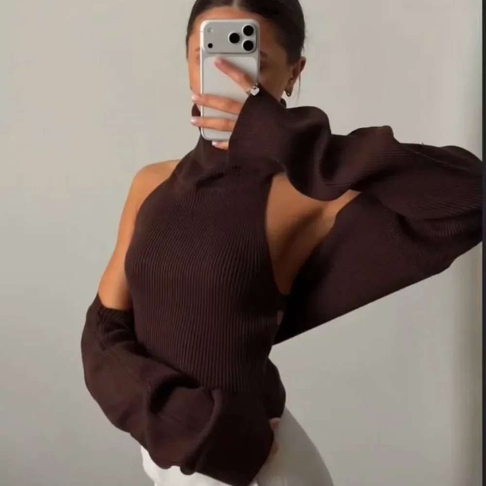 Women Knit Two Piece Set European Style Hot Girl Turtleneck Inner Top Shawl Overlay Knitted Ladies Outfit Chic New