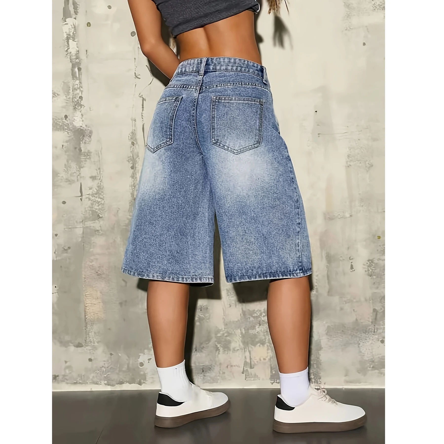 Loose Wide Leg Mid Calf Denim Shorts Women Light Blue Washed Classic Five Pocket Casual Streetwear Culotte Jeans