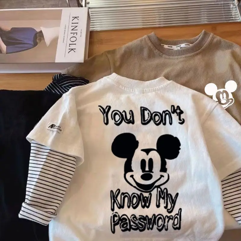 

Disney cartoon cute Mickey cotton boy T-shirt long sleeve fake two spring and autumn tops crew neck base shirt autumn clothes