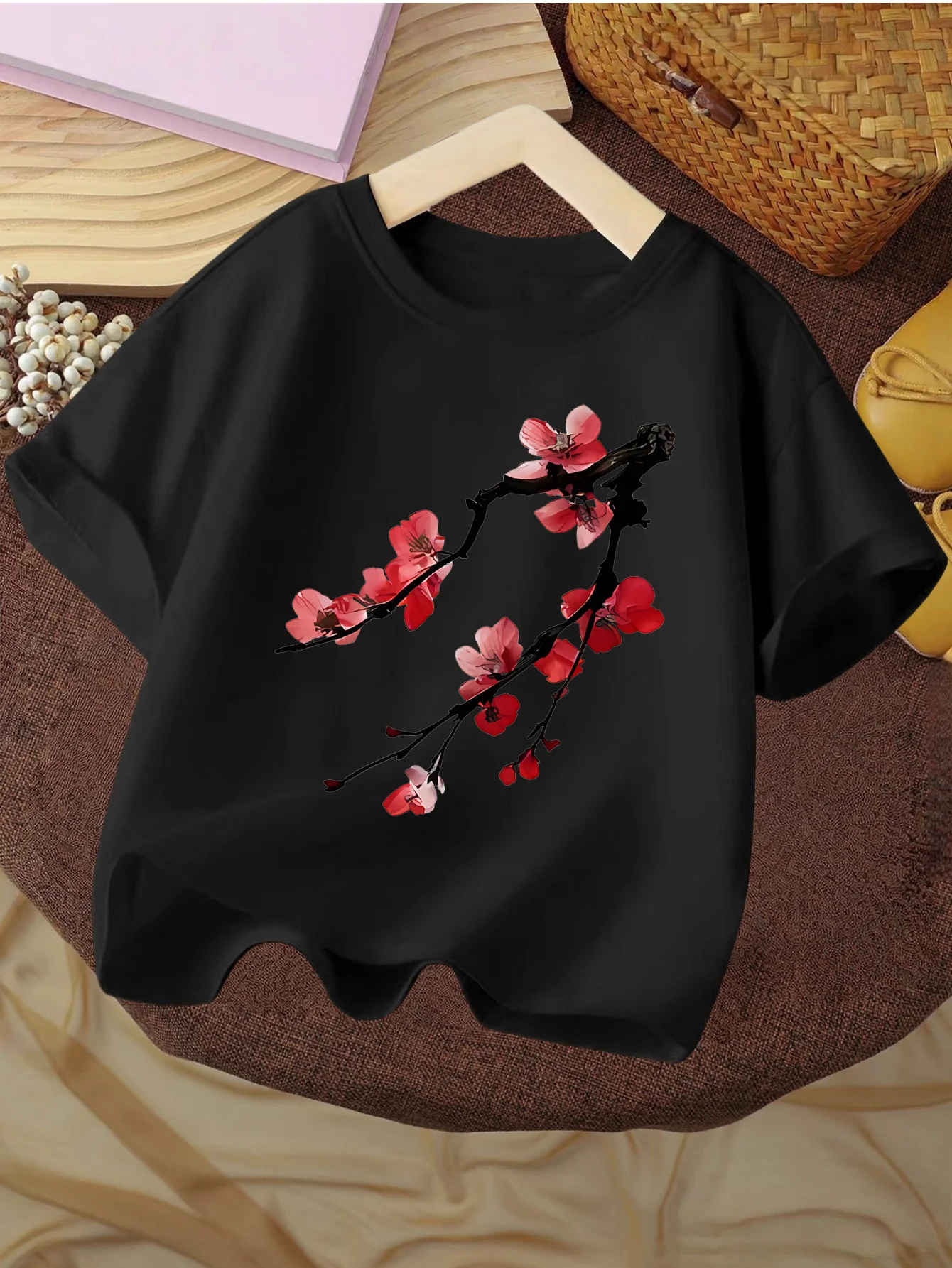 Chinese Ink Style Red Plum Blossom Branch Floral Graphic Kids T Shirt Boys Girls Family Matching Summer Crew Neck Casual Tee