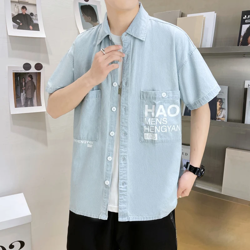 Casual 2024 Summer Short Sleeve 100% Cotton Denim Shirts Men's Hip Hop Streetwear Loose Single Breasted Jeans Coat Top Tee-Shirt