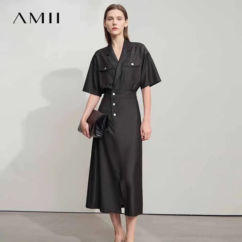 

Amii Straight Dress Denim Women 2025 Summer Simple Short Sleeve Office Lady Jean Flip Neck Draped Cool Shirt Dress 12542067