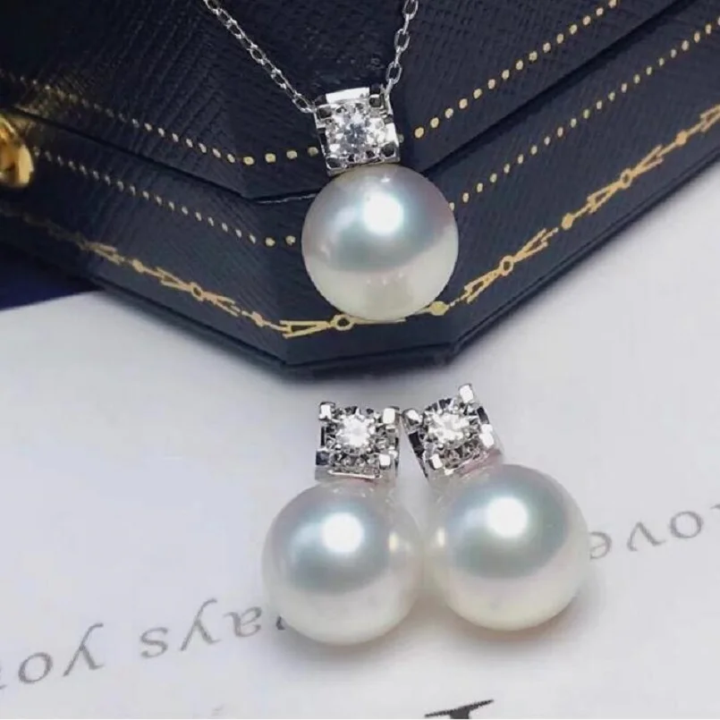 

Gorgeous AAAAA 10-11mm South China Sea White Round Pearl Pendant Earring Set 925s