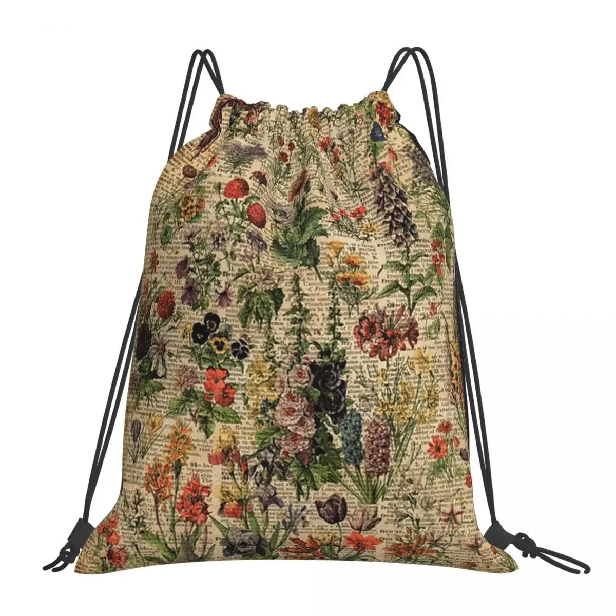 Colourful Wild Meadow Flowers Over Dictionary Book Page Backpacks Drawstring Bags Drawstring Bundle Pocket Storage Bag Book Bag