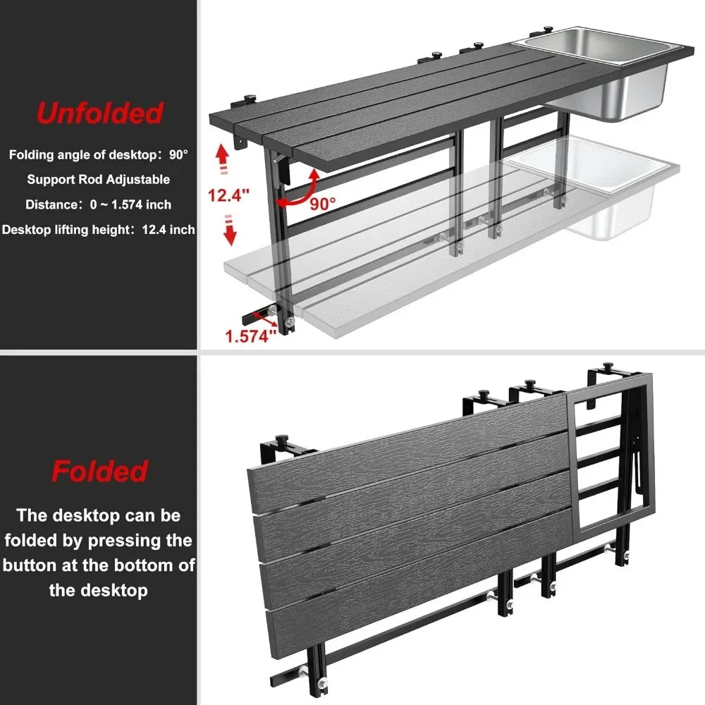 Balcony Table Outdoor Patio Bar Table with Durable Composite Tabletop Aluminum Alloy Frame Hanging Folding Adjustable