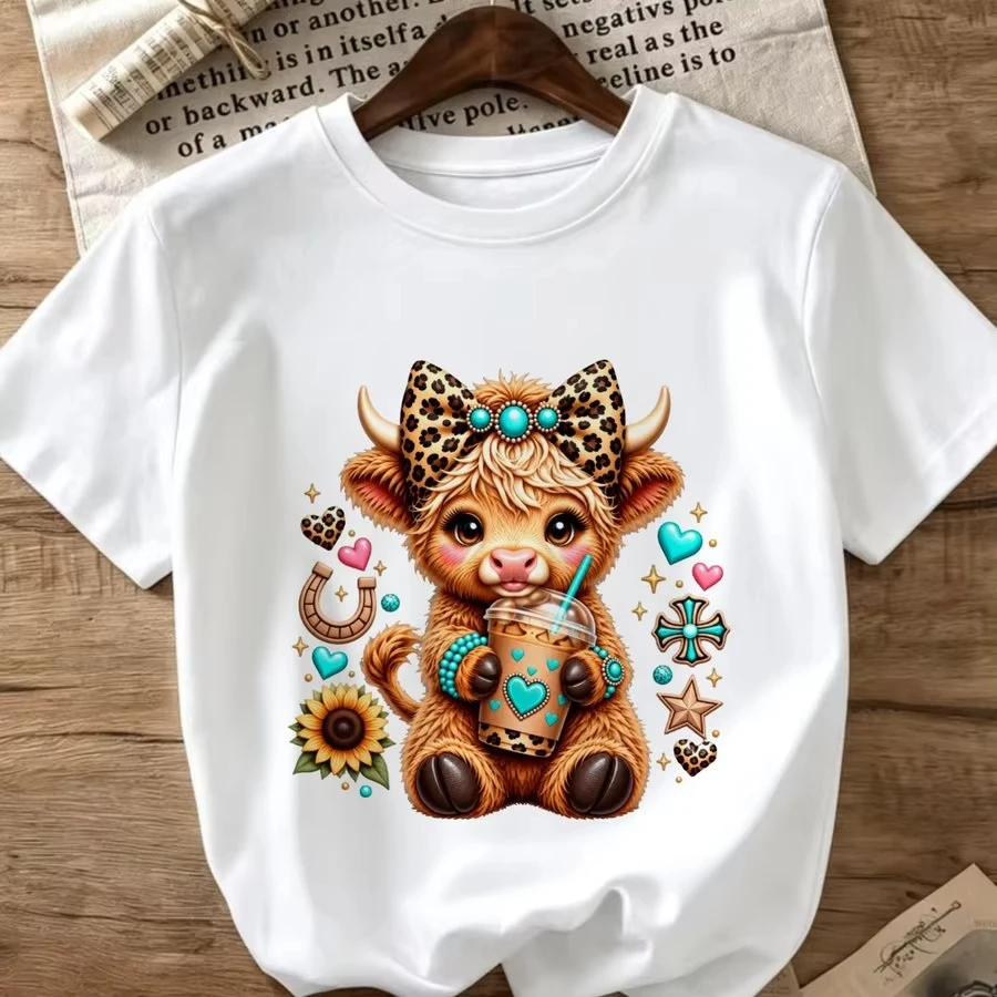 Cute Highland Cow T Shirt Women Funny Boba Bubble Tea Graphic Tees Leopard Bow Western Country Style Short Sleeve Top