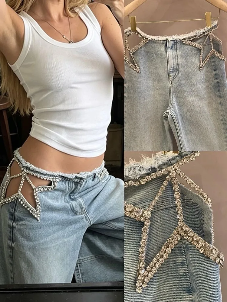 Y2k Two Hollow Out Star Ripped Jeans Women Casual 2026 Hot Sell Denim Pants American Streetwear Wide Leg High Waist Baggy Jeans