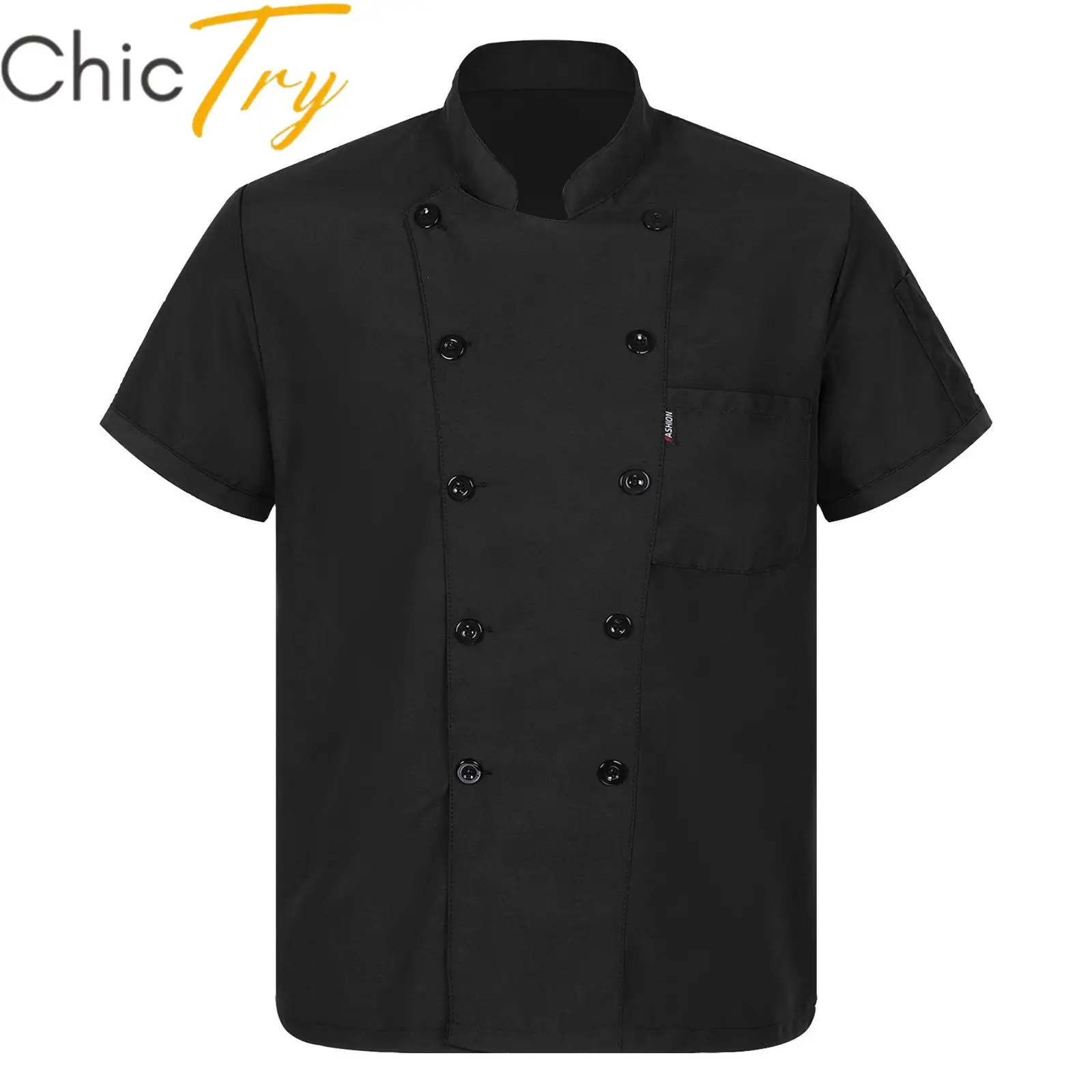 Chemise de chef unisexe pour adultes, uniforme de travail de restaurant pour hommes et femmes, manteau de chef à col montant, veste de service alimentaire pour cantine d'hôtel