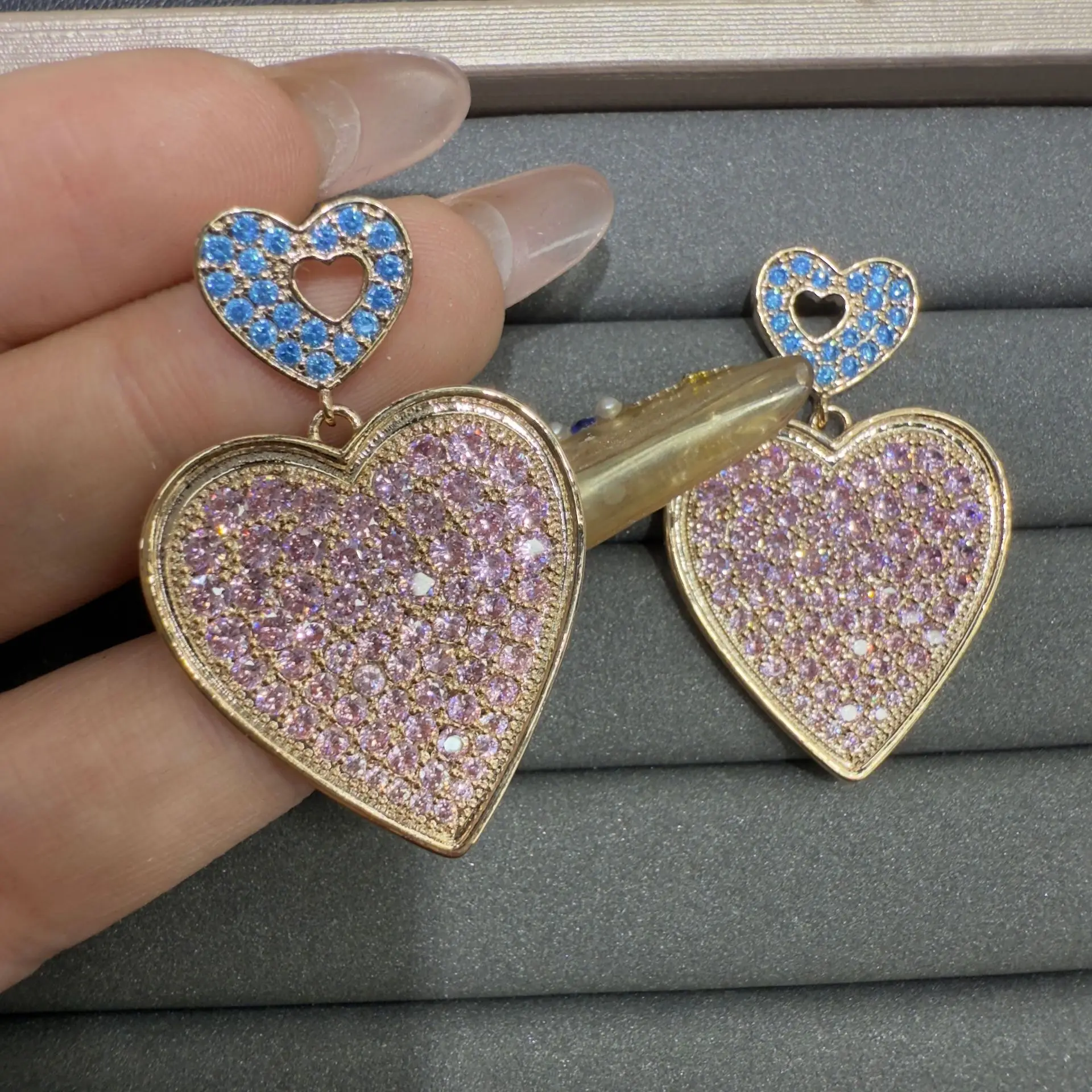 

fashion cubic zirconia earrings for women shiny jewelry cute heart pink purple dangling earrings gala event party gift female