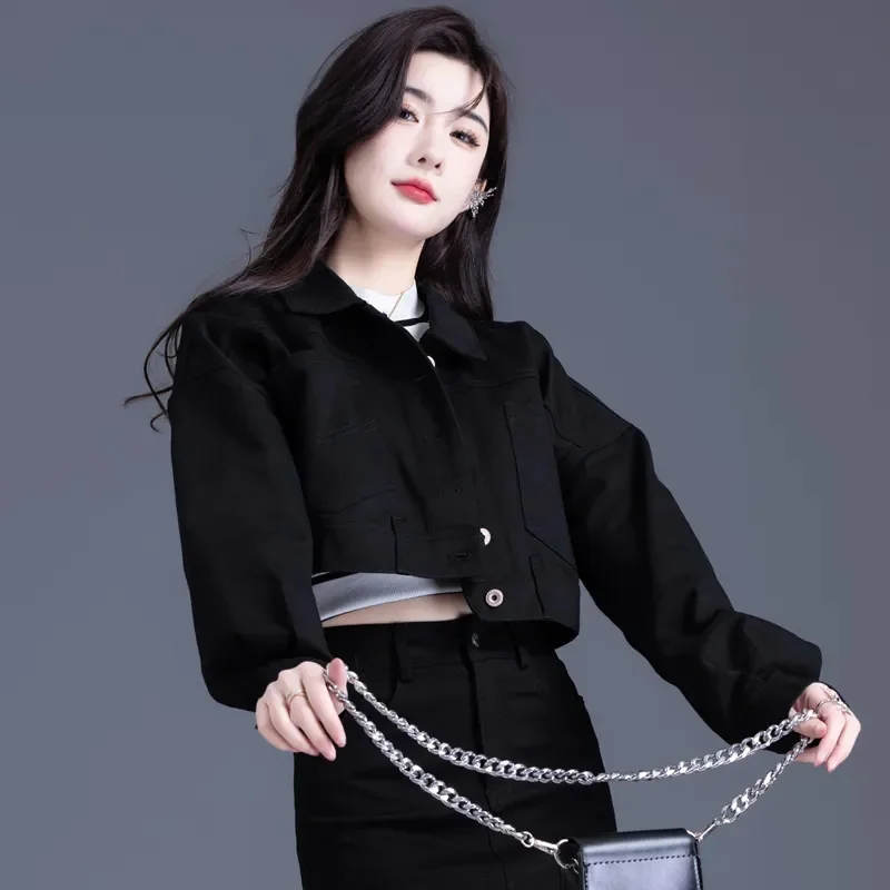 

Red Black White Short Denim Jacket For Women Fashion Design Coat Top 2026 New Spring Autumn Casual Jeans Jacket Outerwear