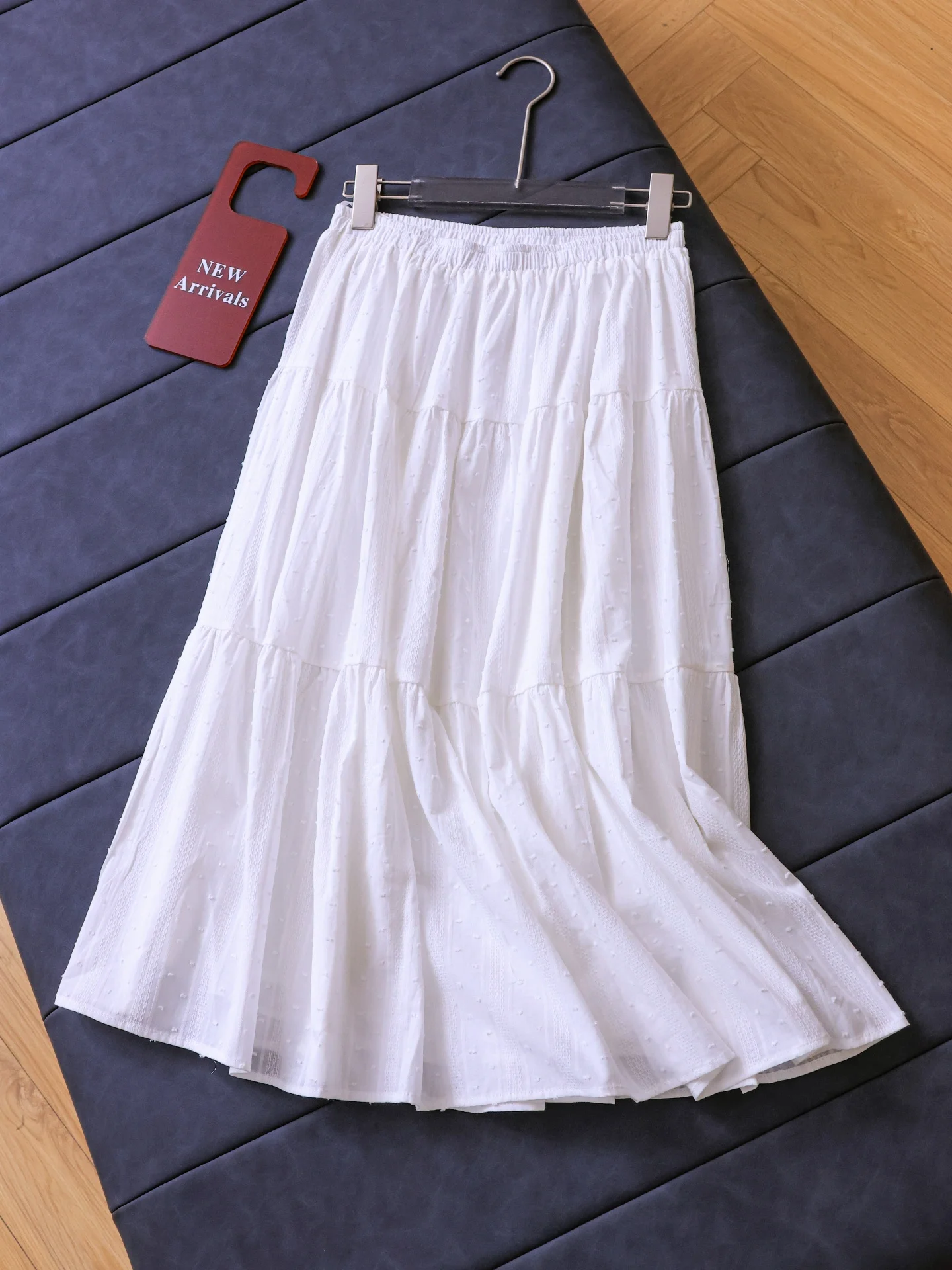 High Waist A-Line Midi Skirt Women's Pure Color Elastic Waist Slimming Gentle Style Half-length Skirt Cotton Material