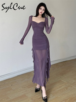 Sylcue Winter Party Queen Purple Mature Sexy Beautiful Confident Elegant Graceful Women'S Translucent Thin Straight Dress