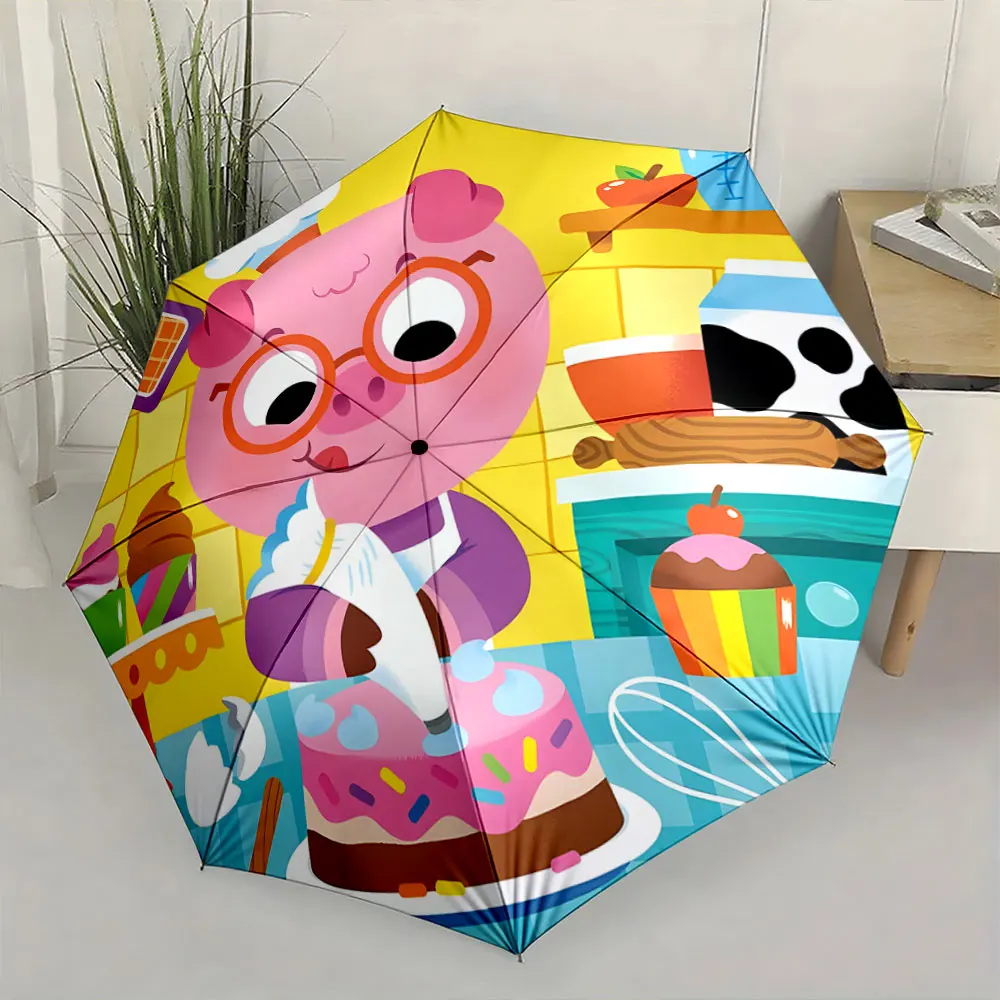 1PC Creative Pig Chef Decorates a Colorful Cake on an Umbrella Print 8 Iron Ribs Folding Umbrella Auto-Open Fashion Sunshade