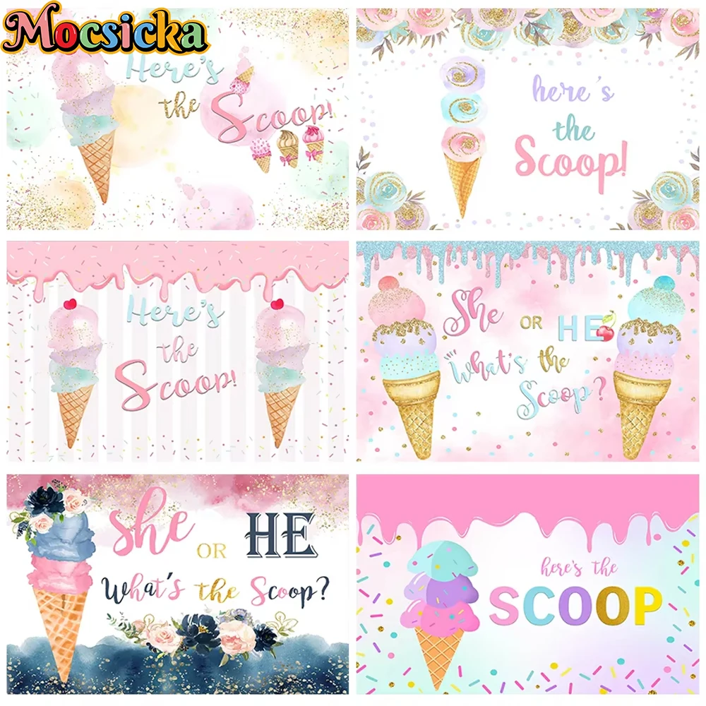 

Mocsicka Ice Cream Backdrops Gender Reveal Baby Shower Boy Or Girl Background Photography Balloons Star Party Decorations Banner