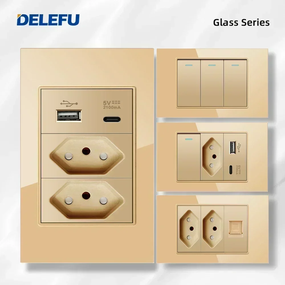 DELEFU 4*2 Gold Tempered Glass Brazil Standard Outlet Dual Usb Type C Wall Socket Light Switch Switzerland 10A 20A