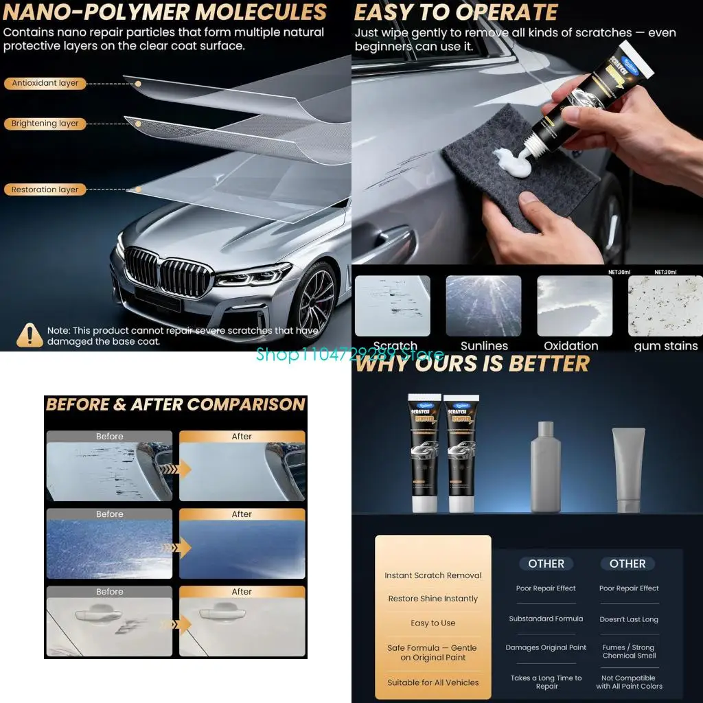 D8KE Car Scratch Remover 30 Cream with Sponge Applicator for Light Paint Touch Up, Carnauba Formula Paint Care for Routine