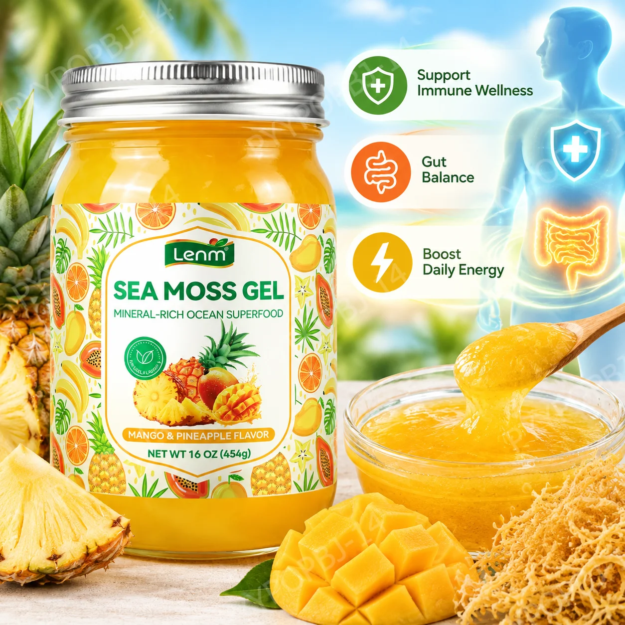 Wildcrafted Irish Sea Moss Gel Mango Pineapple Flavor, Support Immune Wellness & Gut Balance, Boost Daily Energy, 454g