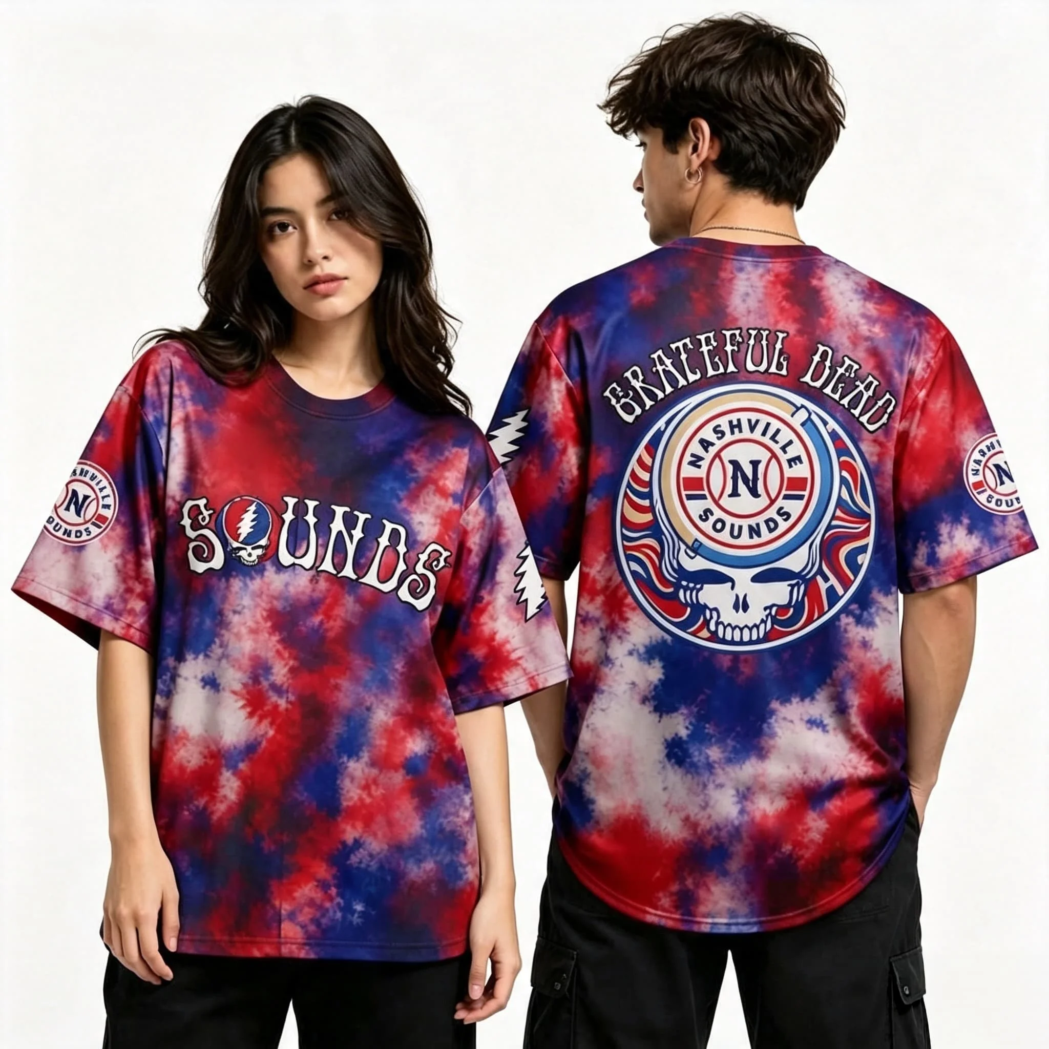 Grateful Dead Nashville Sounds T-shirt Skull Lightning Print Rock Band Baseball Short Sleeve Casual Street Tee Family Matching
