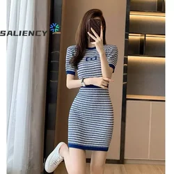 SALIENCY Summer Korean Striped Knitted Mini Dress Slim Package Hip Skirt Fashion Young Chic Simple Streetwear