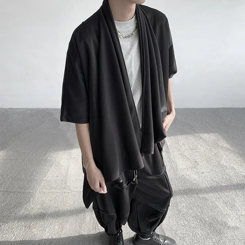 

Summer Japanese Darkness shirt Man Cardigan Harajuku Woman Black Coat Cloak Beach Shirt Obi Streetwear Loose Thin Outer