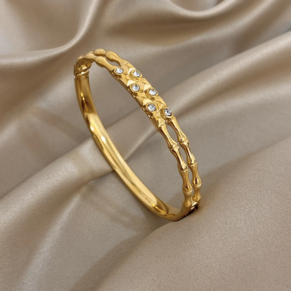 

Freetry Elegant Bamboo Joint Stainless Steel Bangle Bracelet Women Retro Inlaid Zircon Double Layered Gold Color Bangle Gifts