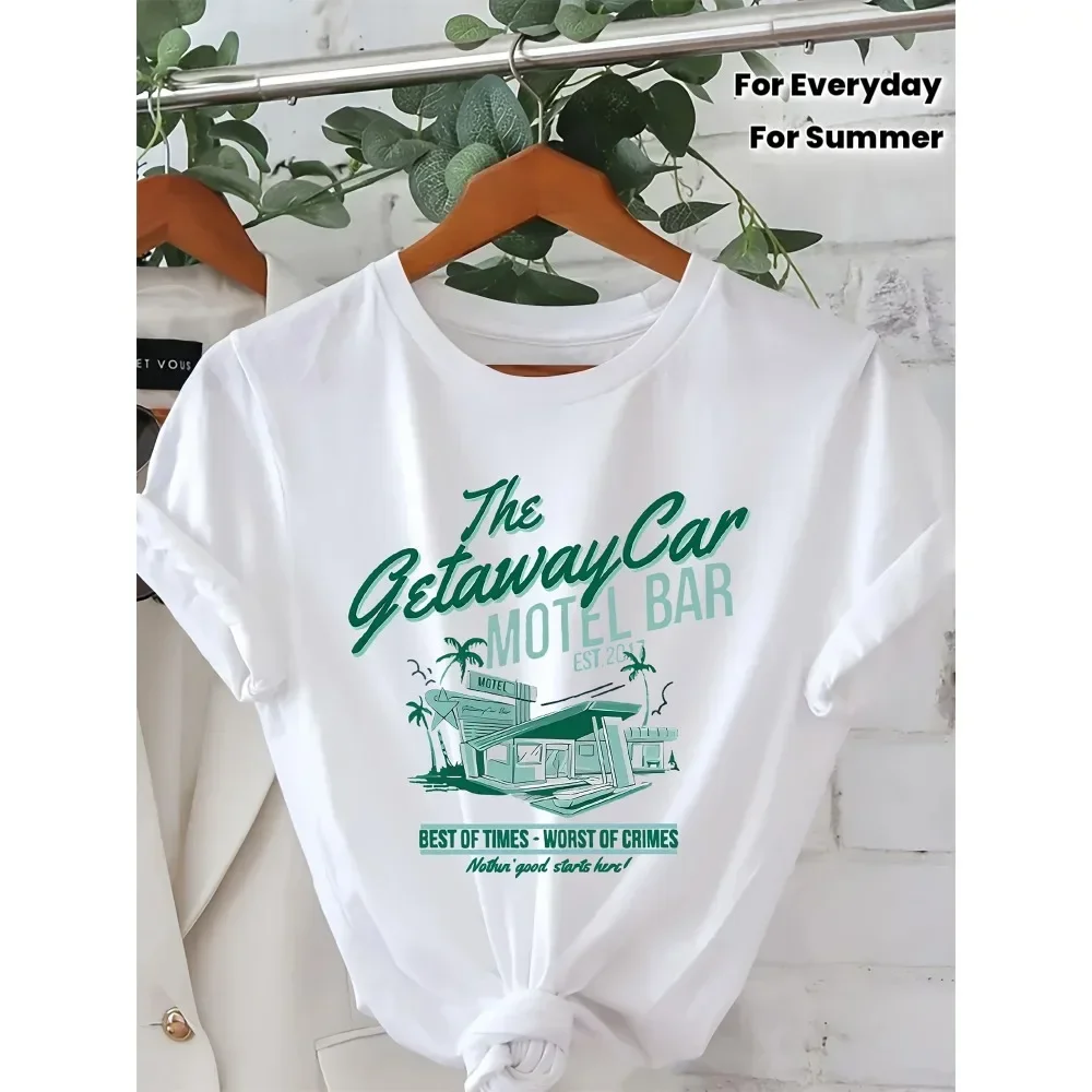 

Women'S Retro Graphic T-Shirt - "The Getaway Car Motel" Design, Short Sleeve Crew Neck Casual Top, Vibrant Green & Blue