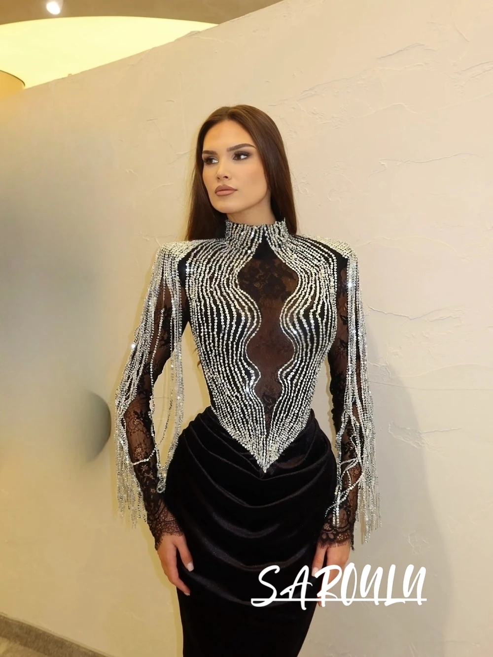 

Glamorous High Neck Sequins Tassel Evening Gown Black Lace & Velvet Mermaid Bodycon Prom Dress For Gala Dinners Customized