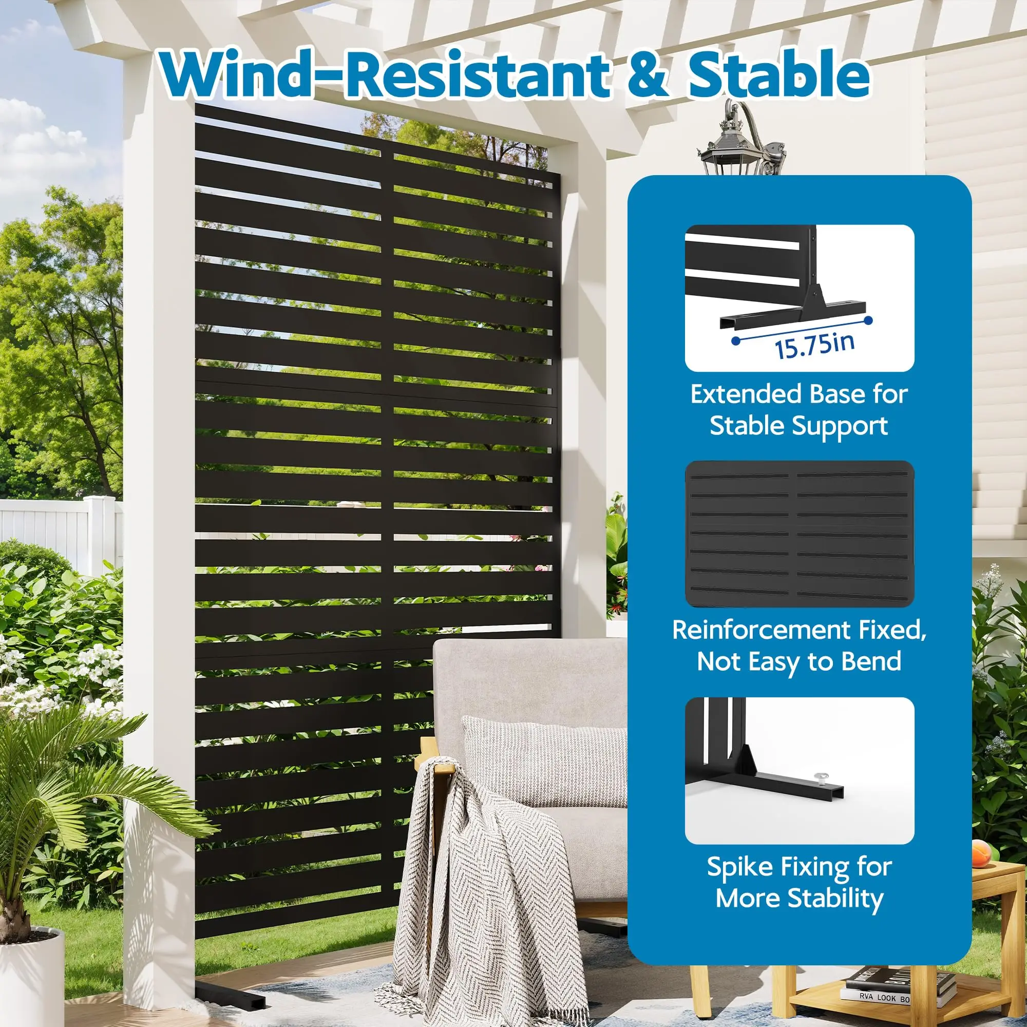 72 x 47 Outdoor Metal Privacy Screen 6FT Freestanding Decorative Fence Panel With Stand For Patio Garden Balcony Deck Yard Black view 5