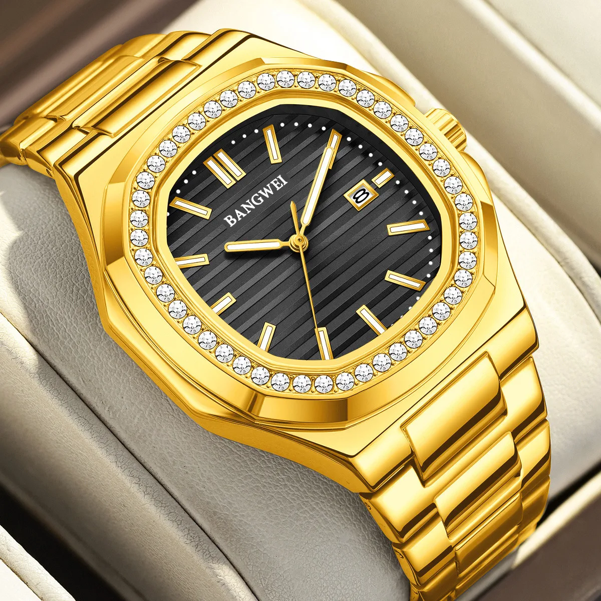 

BANGWEI Luxury Mens Business Watches Diamond Dial Waterproof Quartz Wristwatch Fashion Luminous Date Stainless Steel Women Watch