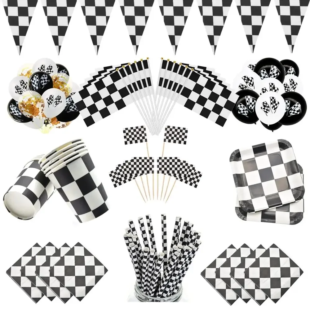 Juego de vajilla desechable de ajedrez para niños, suministros de fiesta, bandera a cuadros, decoración de fiesta de coche de carreras, blanco y