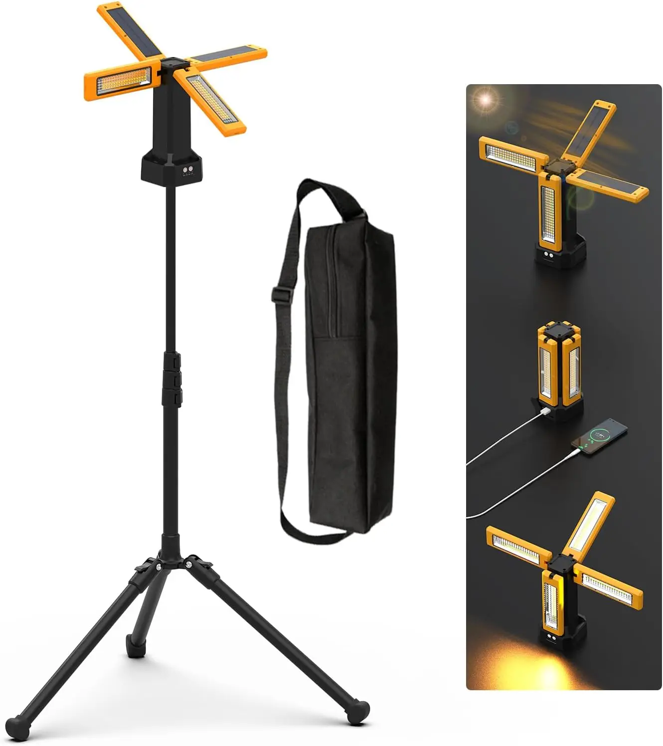 

13200mAh Solar Work Light, IPX4 Waterproof with Stand and Bag, 8000 Lumen Dimmable, 4 Modes
