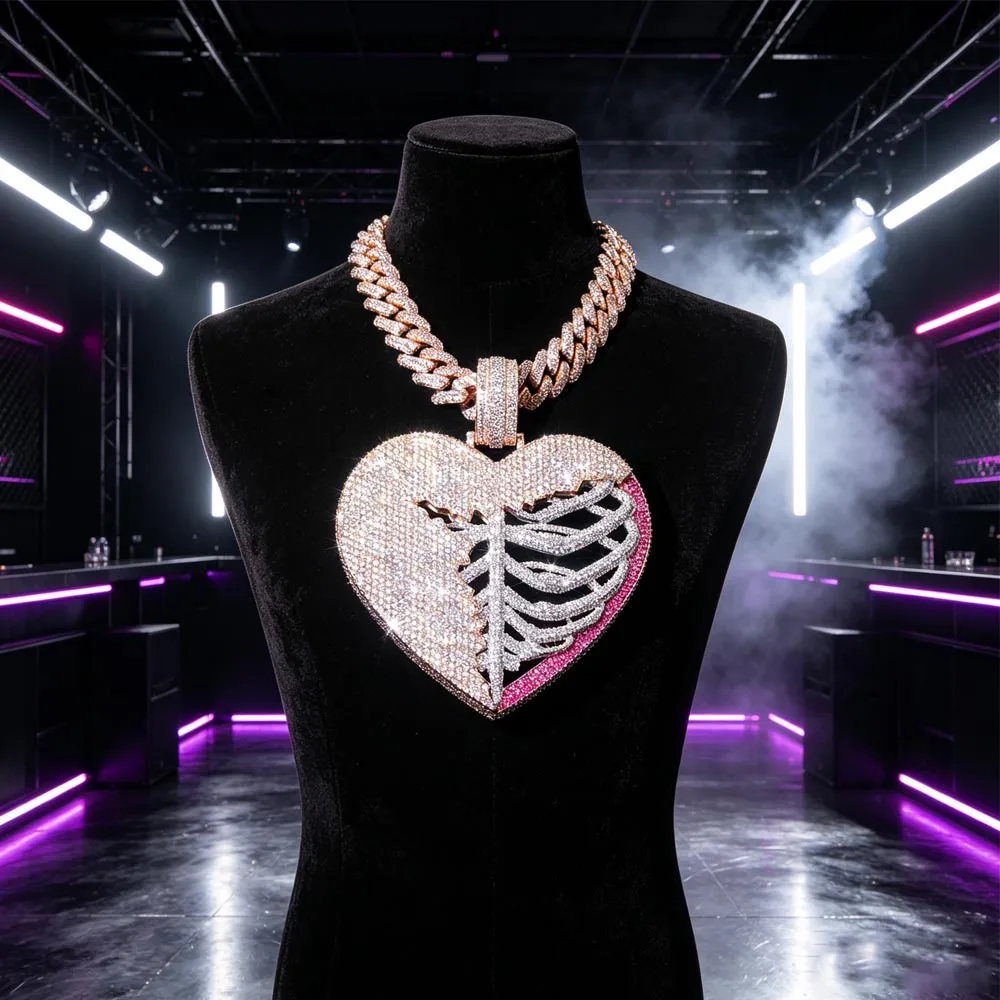 Sparkling Pendant Broken Heart Full Diamond Punk Iced Out Hip-hop Necklace Accessory Rapper Jewelry Gifts Men Girl Boy Friends