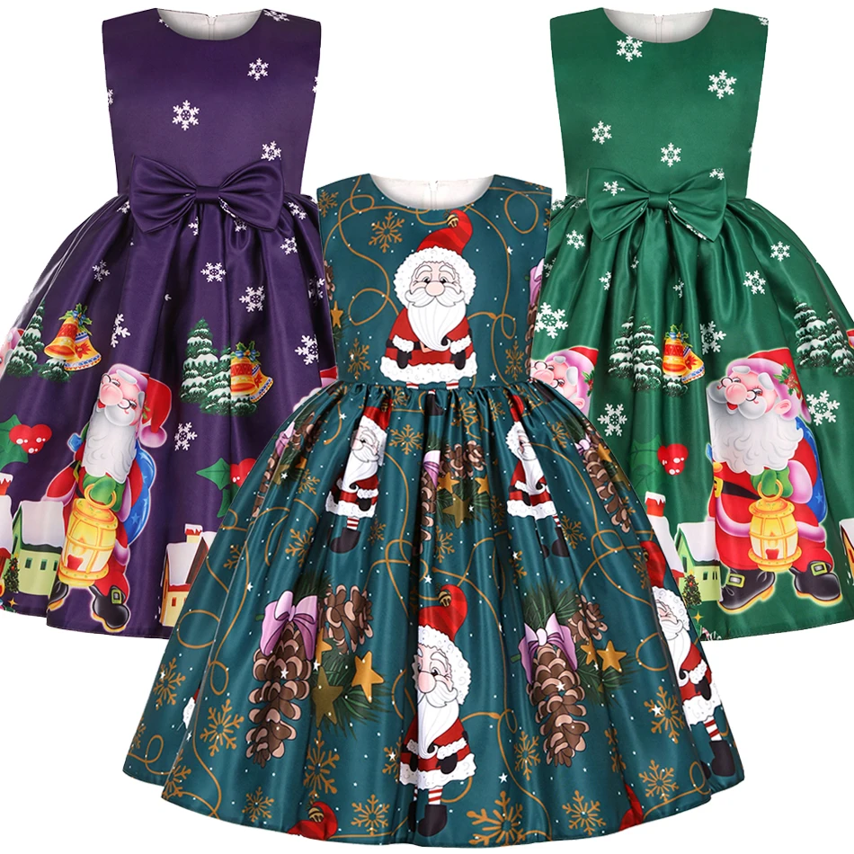 Christmas Cartoon Print Bowknot Girls Dress Children Stage Performance Costume Xmas Party Gown Kid Snowflake Santa Claus Vestido