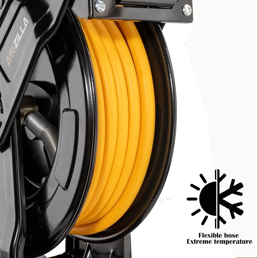 Heavy duty steel retractable air hose reel with dual arm featuring 3 8 inch x 50 feet hybrid polymer hose auto rewind function