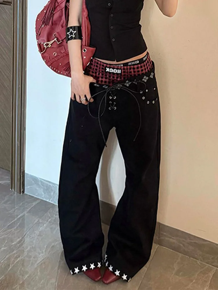 

Женские черные мешковатые джинсы-карго Y2K American High Street Harajuku Эстетический винтажный дизайн Широкие джинсы Брюки Одежда