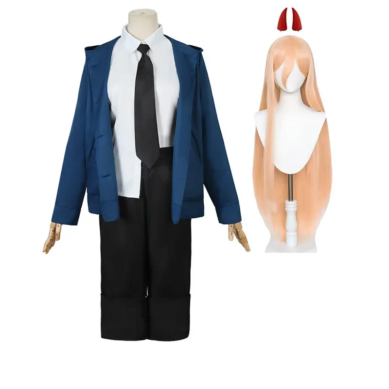 Power Cosplay Chainsaw Man Costume Blue Jacket Wig Horn Hairpins Women Halloween Carnival Party Role Playing Outfit Anime Suit