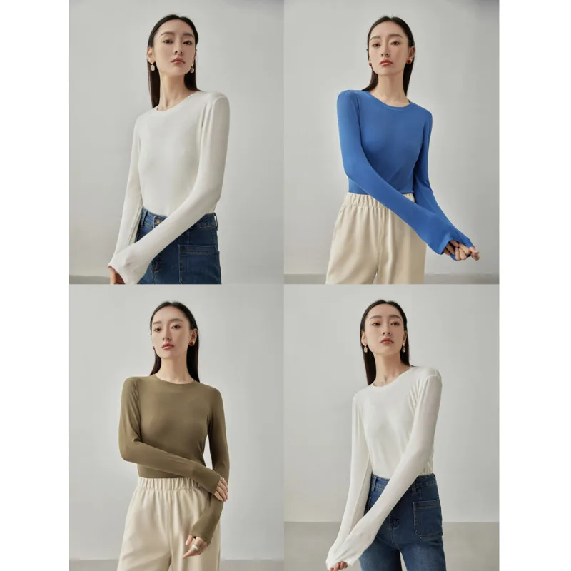 Women Mulberry Silk Bottoming T-shirts Round Collar Rib Knit Long Sleeve Solid Soft T-shirt Classic Knitwear Tops