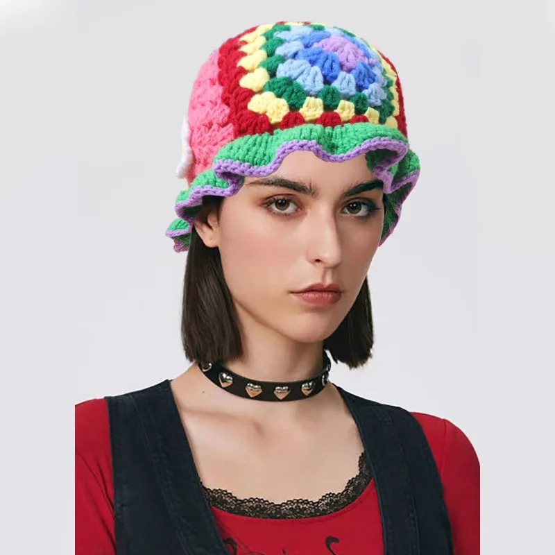

Colorful spliced Zumag handmade hat Spring new ruffled wool hat Knitted hollow small-brimmed fisherman's hat