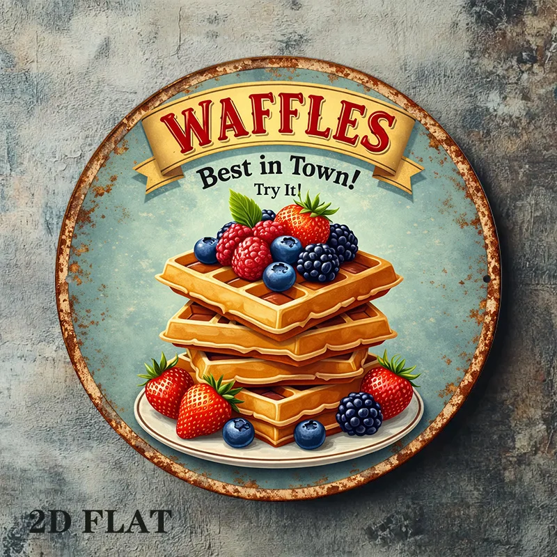 2D Flat, 1pc 1pcs Suitable for Kitchen, Cafe, Restaurant Vintage Waffle Wall Decor Sign with Waffle & Berry Breakfast