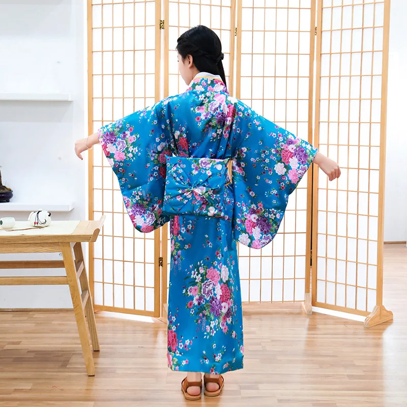 Tradycyjny japoński nadruk paw Yukata sukienka szlafrok dziewczyna dziecko dzieci japonia Kimono Haori kostium Cosplay azjatyckie ubrania