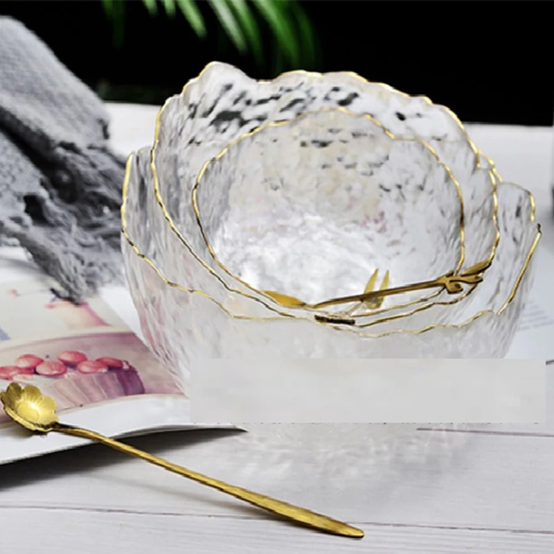 Glass Salad Bowl Irregular Glass Bowl with Gold Inlay Edge Transparent Salad Fruit Soup Dessert Mixing Bowl-A79M