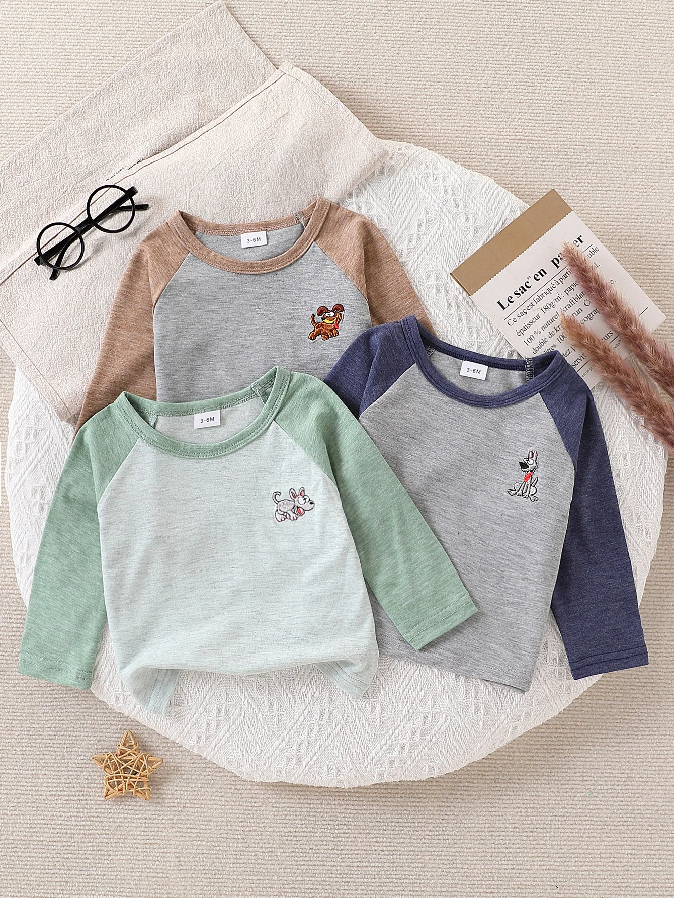 Baby Animal Embroidered Long-Sleeved T-Shirt Three-Pack with Puppy, Little Lion, and Kitten Patterns, Casual and Comfortable