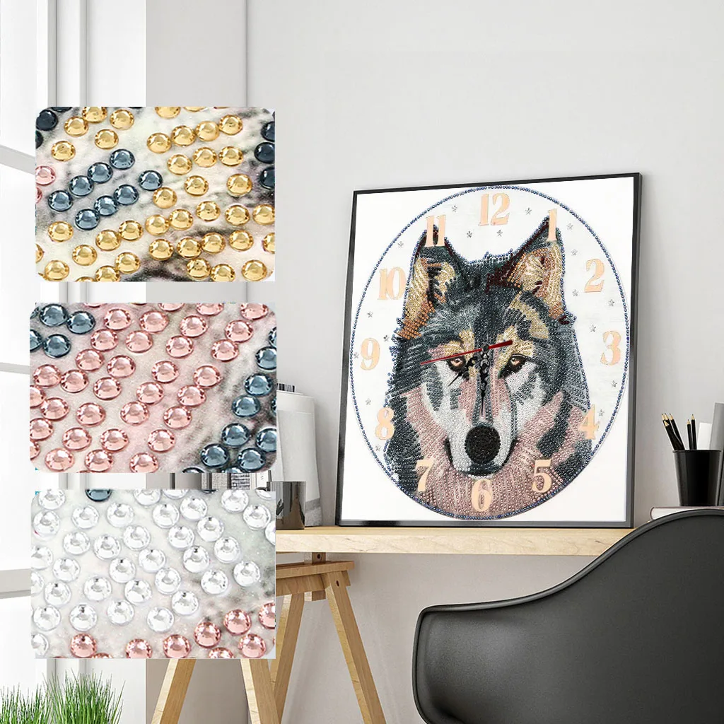 DIY Diamond Painting New 2024 Wall Clock Without Frame Home Decoration Multi-colored Special-shaped Diamond Art Wolf Clock35*35