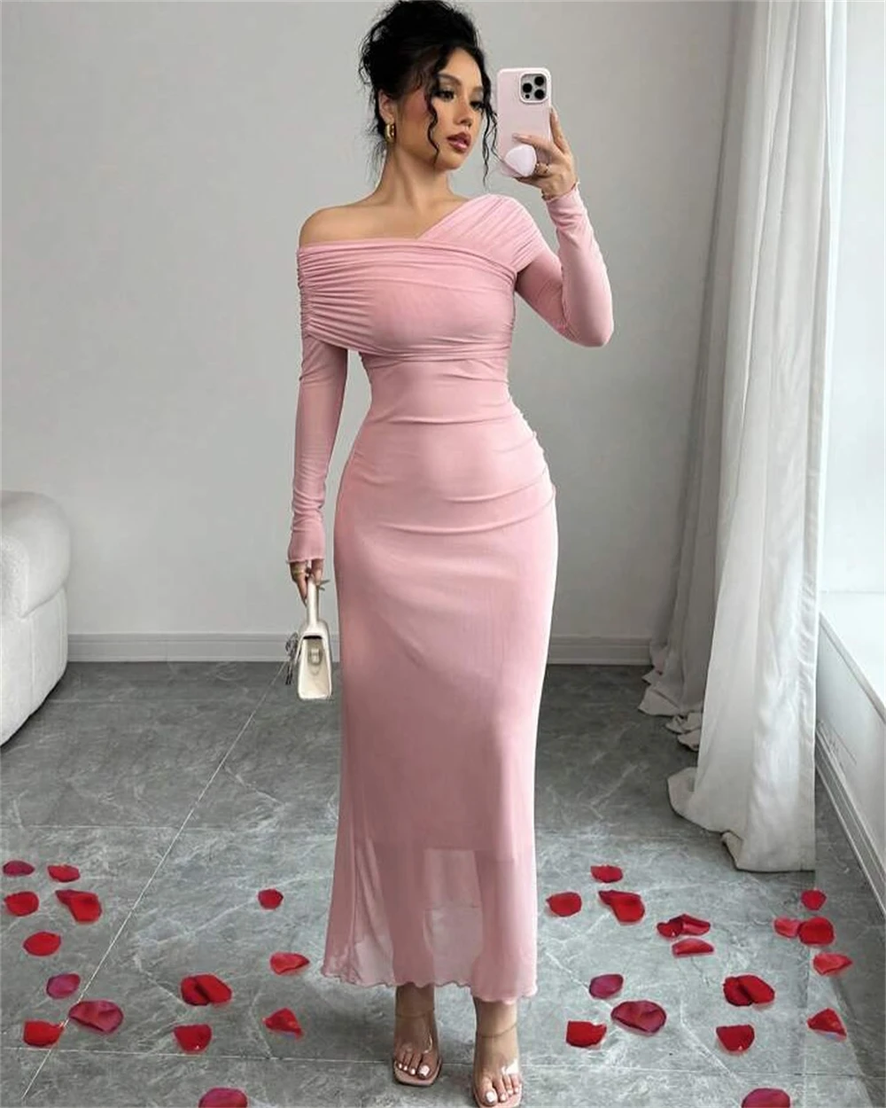 

Customized Graceful Off the Shoulder Long Sleeves Evening Dress Delicate Sheath Party Dress Classic Chiffon Celebrity Gowns