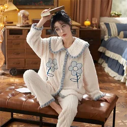 Winter Coral Velvet Pajama Women Sleepwear Thickened Warm Long-sleeved Trousers Homewear Korean School Pajamas Loungewear