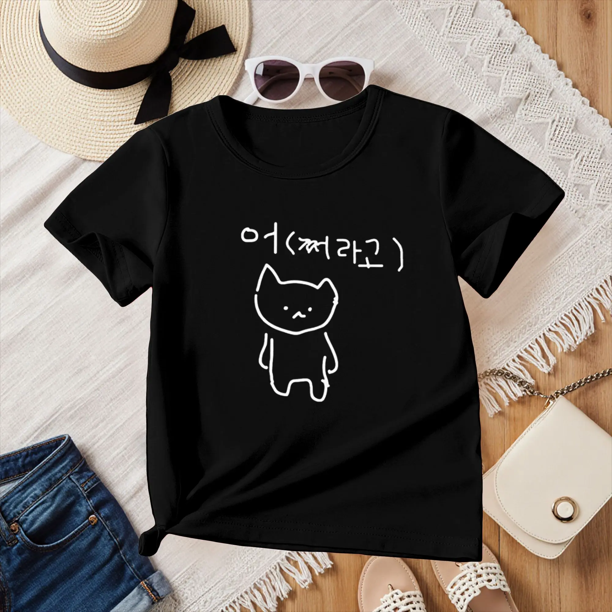 

Korean Annoyed Cat Go Away Short-sleeved Printed T-shirt Top Cute Line Art Cat Meme Graphic Casual Streetwear for Women Y2k Tops